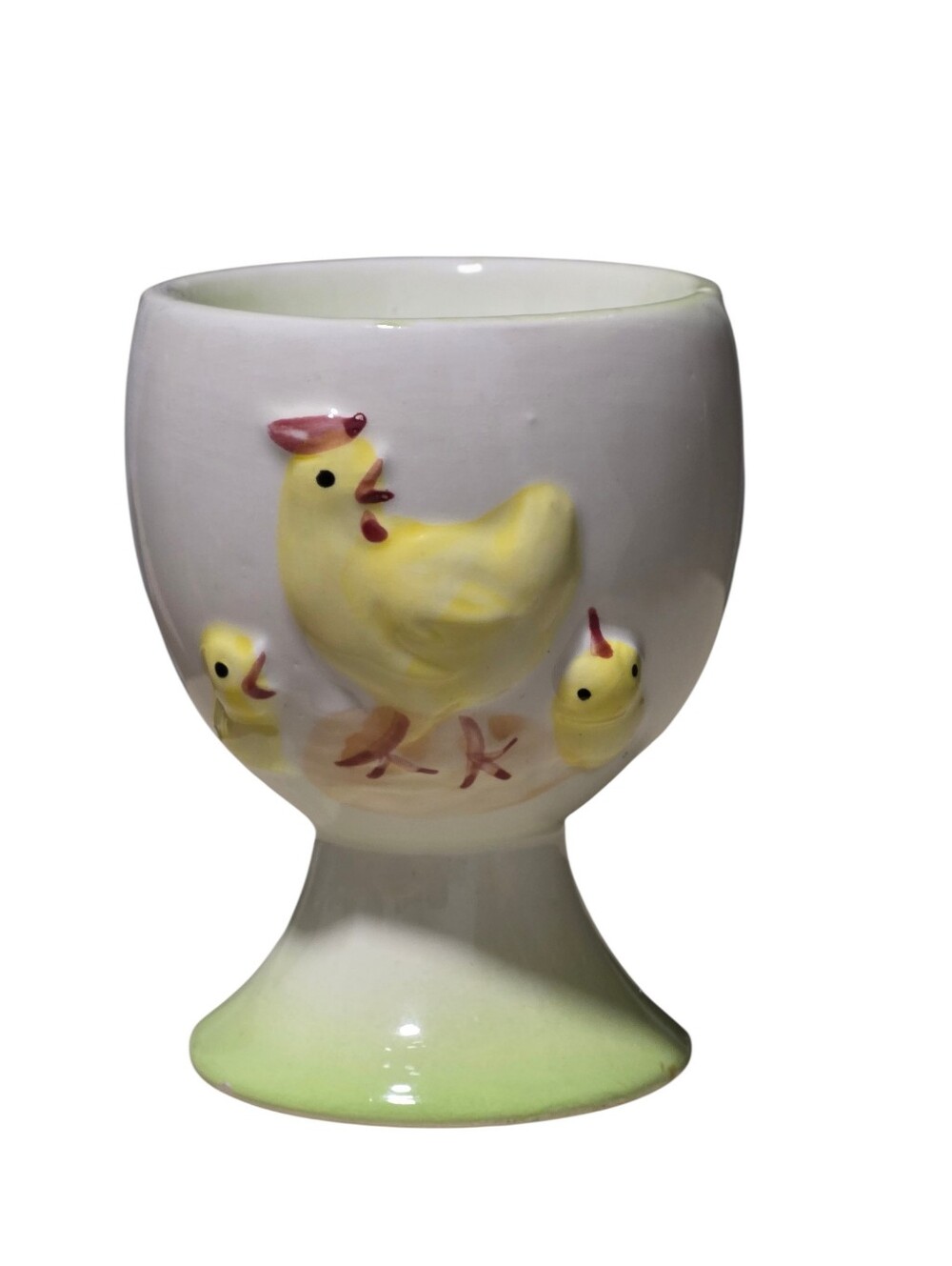 Vintage Egg Cup Raised Hen & 2 Chicks Design White W/Green Interior & Base OS